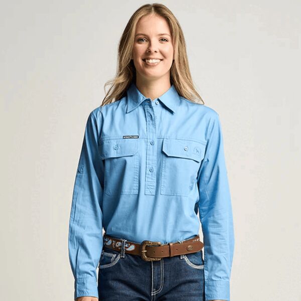 SOMERSET | Womens Half Button Long Sleeve Work Shirt - Sky Blue Thumbnail